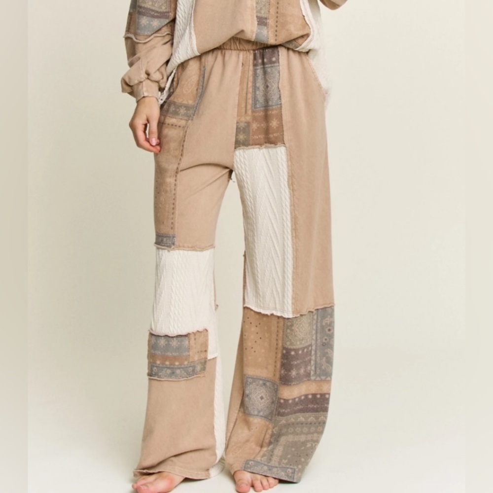 NWT J. Her Patchwork Cable Knit Bandana Boho Print Mixed Media Wide Leg Pants - Picture 12 of 13